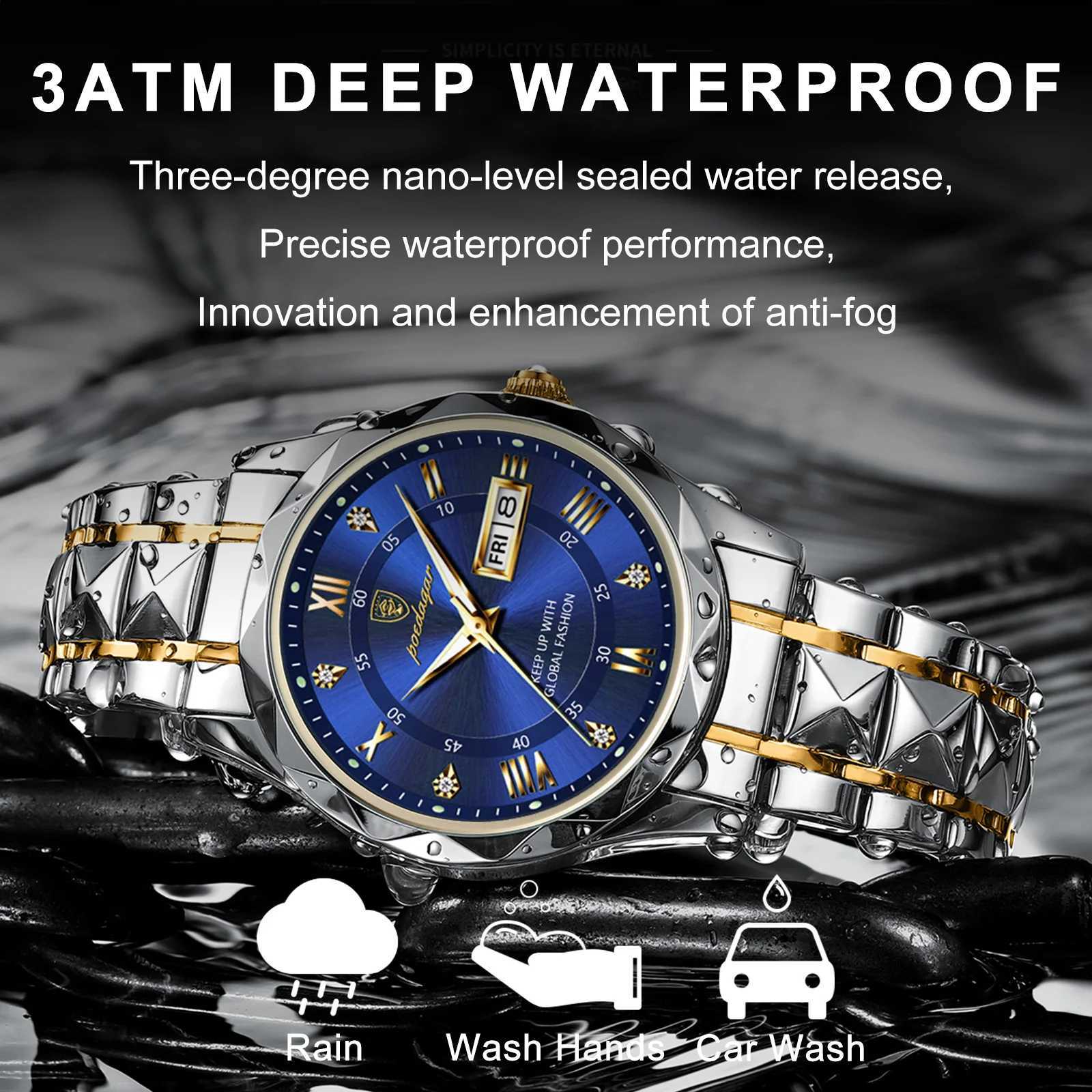 POEDAGAR Luxury Mens Watch Waterproof Stainless Steel Luminous Man Wrist Date Week Sport Men Quartz Watch W250806