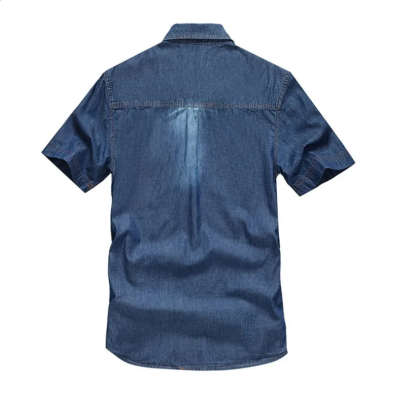 Men Multi pockets Denim Tooling Shirts Summer Short Sleeve Blue Jeans Shirts High Quality Men Cotton Casual Shirts Size 5XL 240816