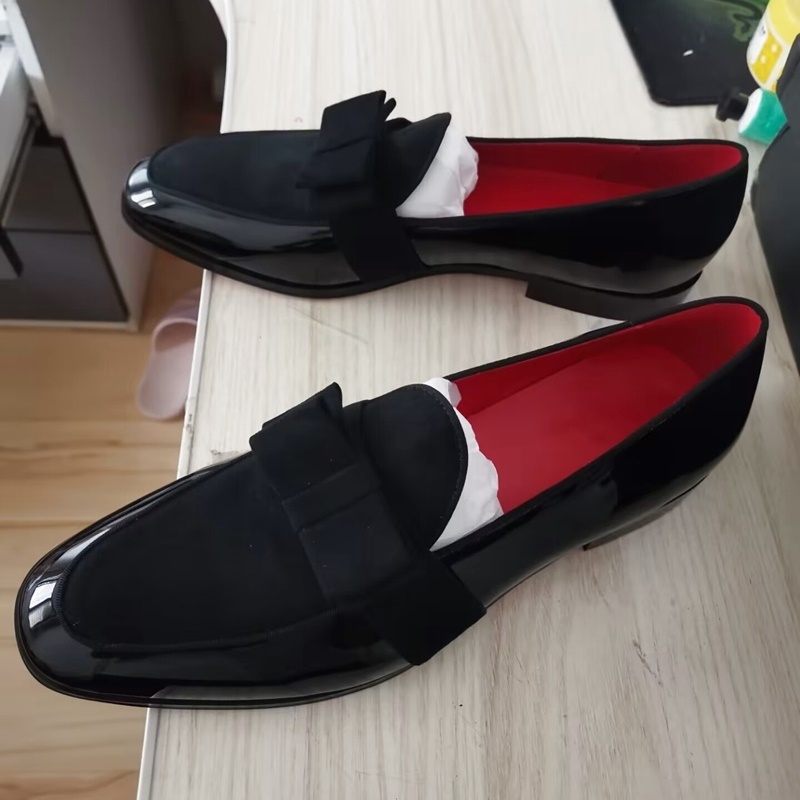 Italy Style Black Men Patent Leather Fashion Bowtie Loafers Men's Flats Dress Handmade Party And Wedding Shoes 241117