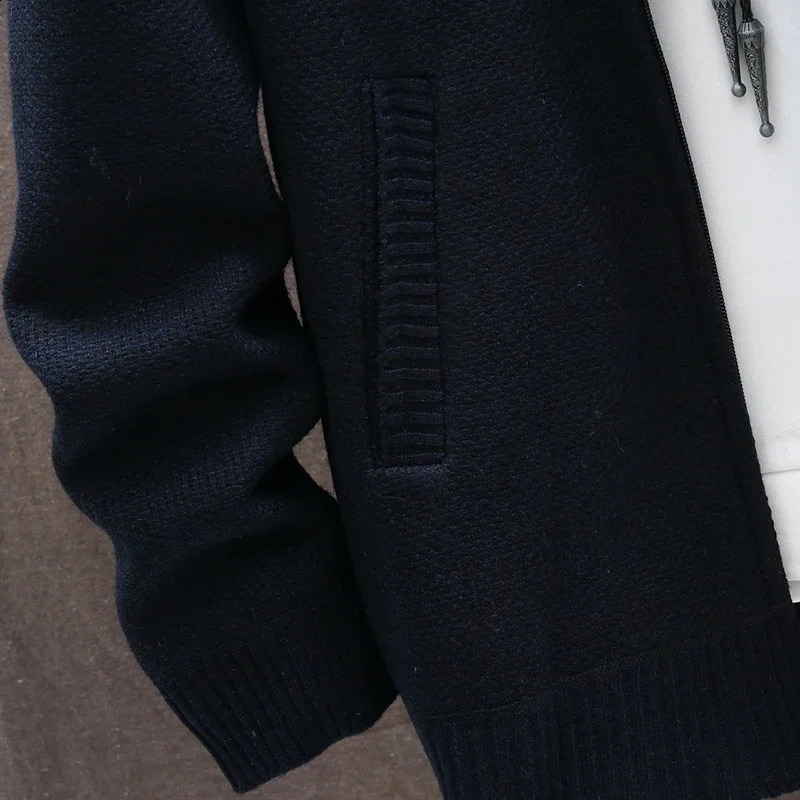 Mens Cardigan Hooded Sweater Autumn Winter Fashion Male Clothing Stitching Color Plus Velvet Thickening Slim Jacket Coat 240816