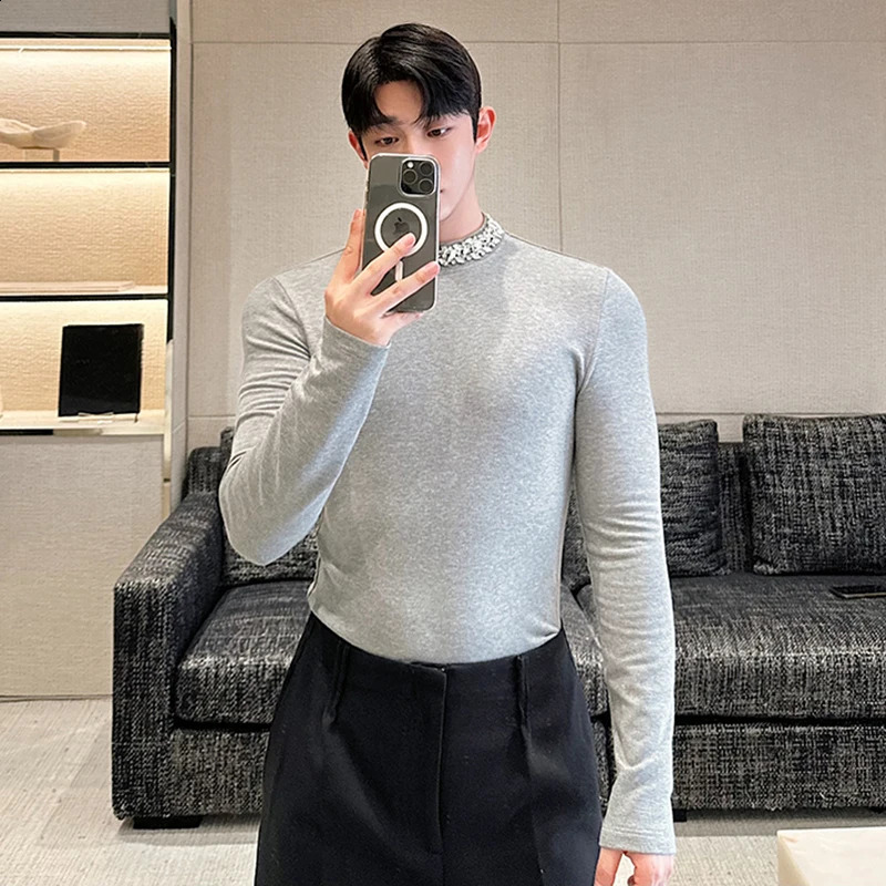 LUZHEN Diamond Decorate Long Sleeve T Shirt Fashion Plain Slim Base Shirt Original Personalized Trendy Mens Tops LZ4789 240819