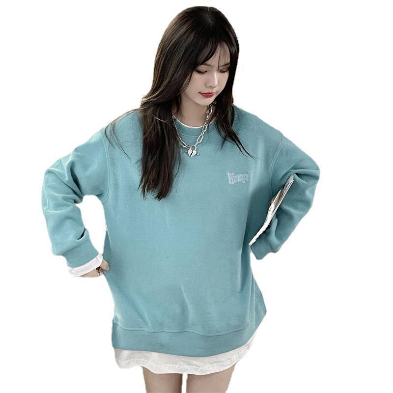 2024 autumn Korean version letter embroidery fake two thin style loose slit long sleeved hoodie women's pullover top 5e3cf