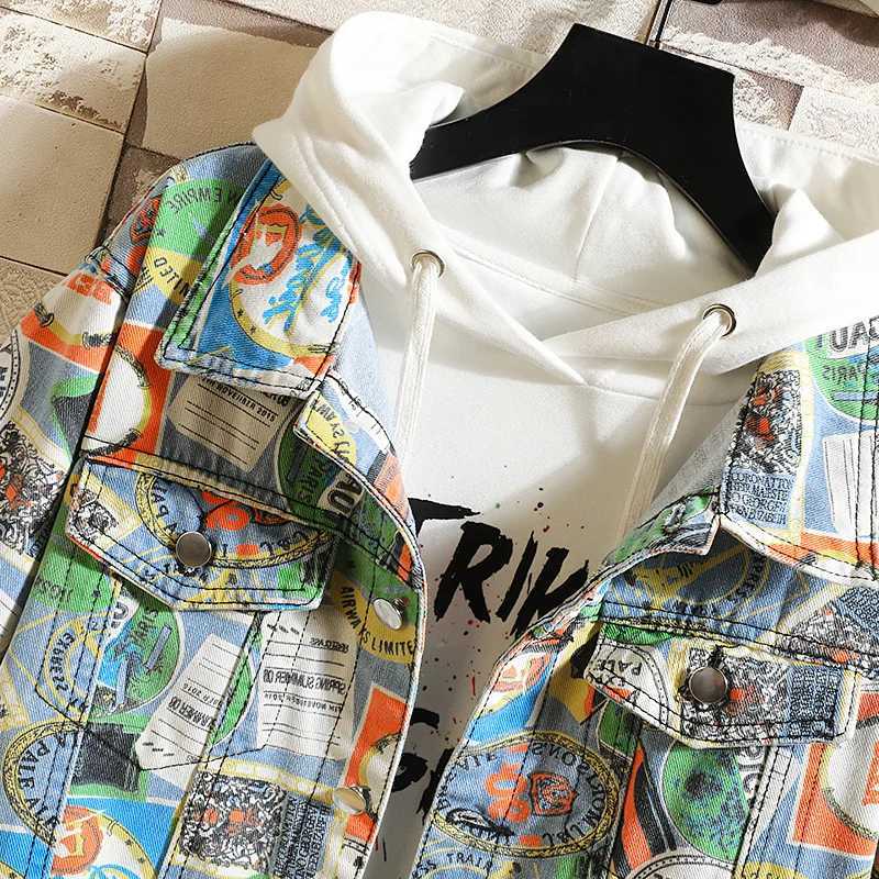 Designer jacket Autumn Graffiti Denim Jacket New Japan Style Fashion Jeans Jacket Casual Bomber Punk Streetwear Clothes Men Spring Jacket M240819