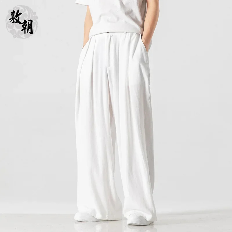 Hanfu Spirit Draped Linen Pants For Men Straight-leg Casual Trousers Chinese Style Loose-fit Ancient Wide-leg Song Trousers 240819