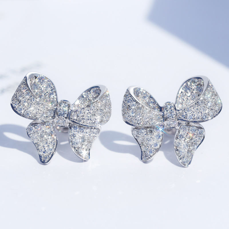 S925 Sterling Silver Love Bow Bowknot Designer Stud Earrings Shine Crystal Luxury CZ Zircon Bling Diamond Stone Cute Earings Earring Ear Rings Jewelry for Women