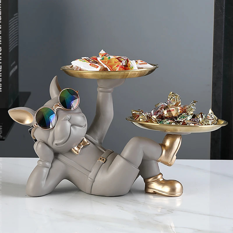 Animal Resin Sculpture dog Butler statue Home Decor French Bulldog with Double Metal tray Table Ornaments Decor Dog Figurine Art i240819