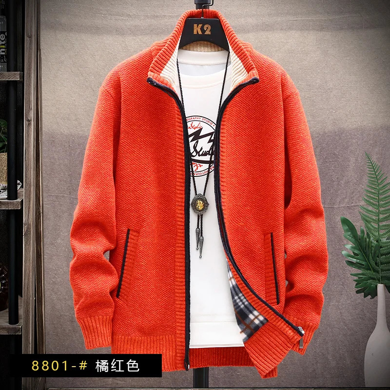 Mens Winter Autumn Fleece Sweater Zipper Cardigan Korean Warm Jacket Coat Sports Male Jumper Knit Clothing Brown Jacket 240816