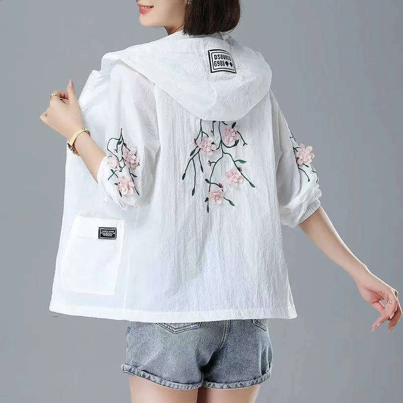 Embroidery Print Hooded Thin Coat Spring Summer Oversize 5xl Loose Jackets Women Casual Sun Protection Outwear Elegant Chaquetas 240819