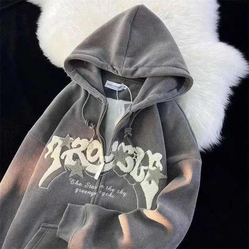 Women Letter Printed Hoodies Autumn Vintage Zip Up Loose Hooded Sweatshirts Harajuku Y2K Long Sleeve Jacket Clothes 240816