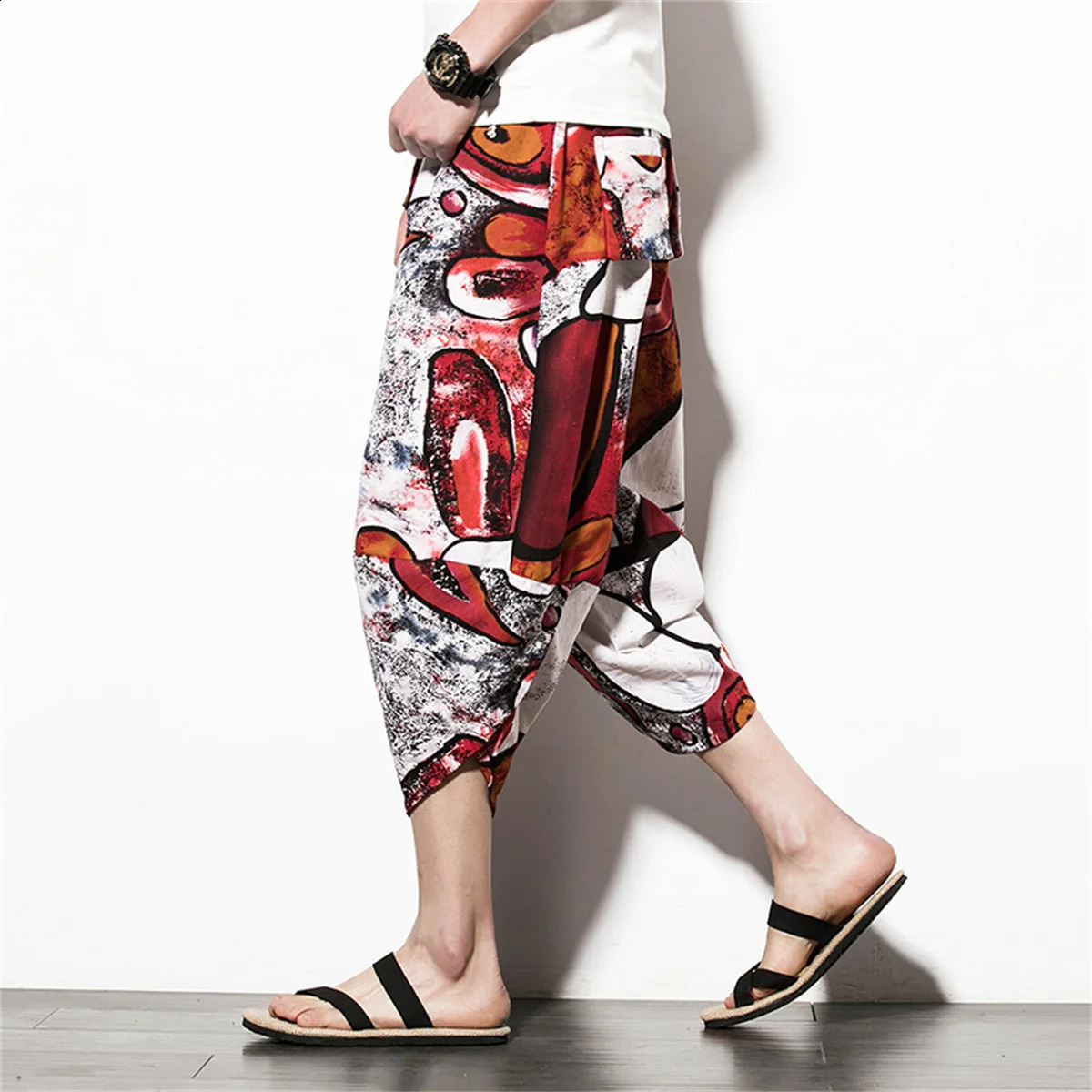 Harajuku Summer Loose Calf Length Casual Pants Men Wide Leg Cotton Linen Printing Pants Oversize Mens Trousers 240819