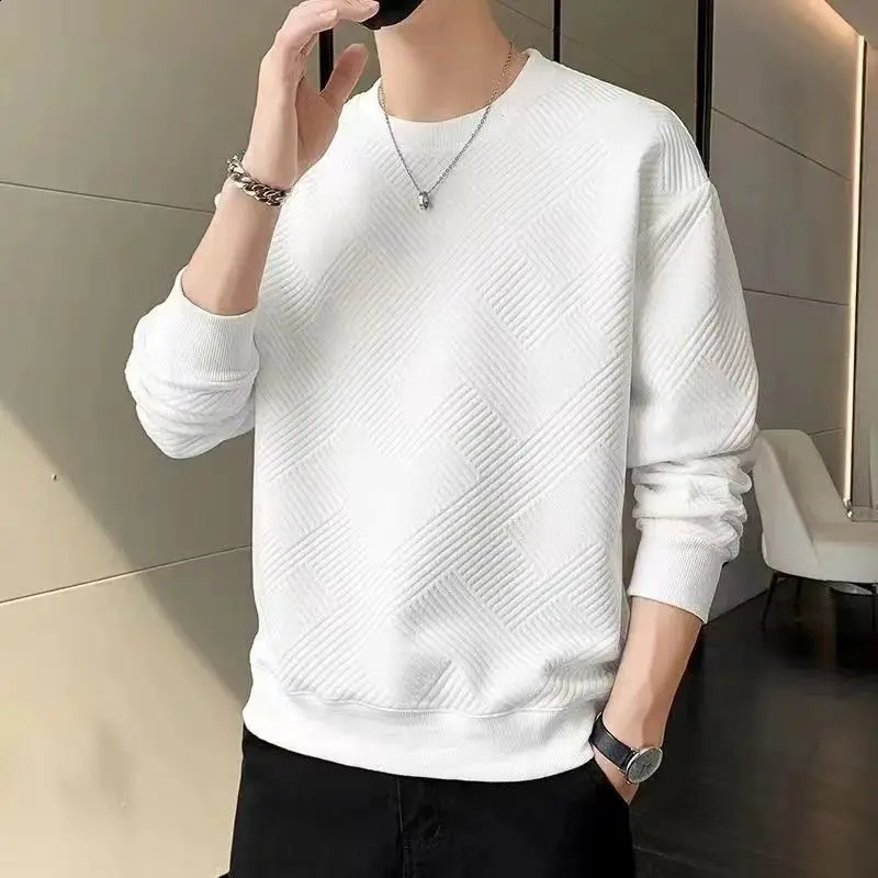 Mens Sweatshirt Solid O Neck Long Sleeve T Shirts Autumn Spring Texture Simple Black White Classic Mens Pullover Hoodie Tops 240816