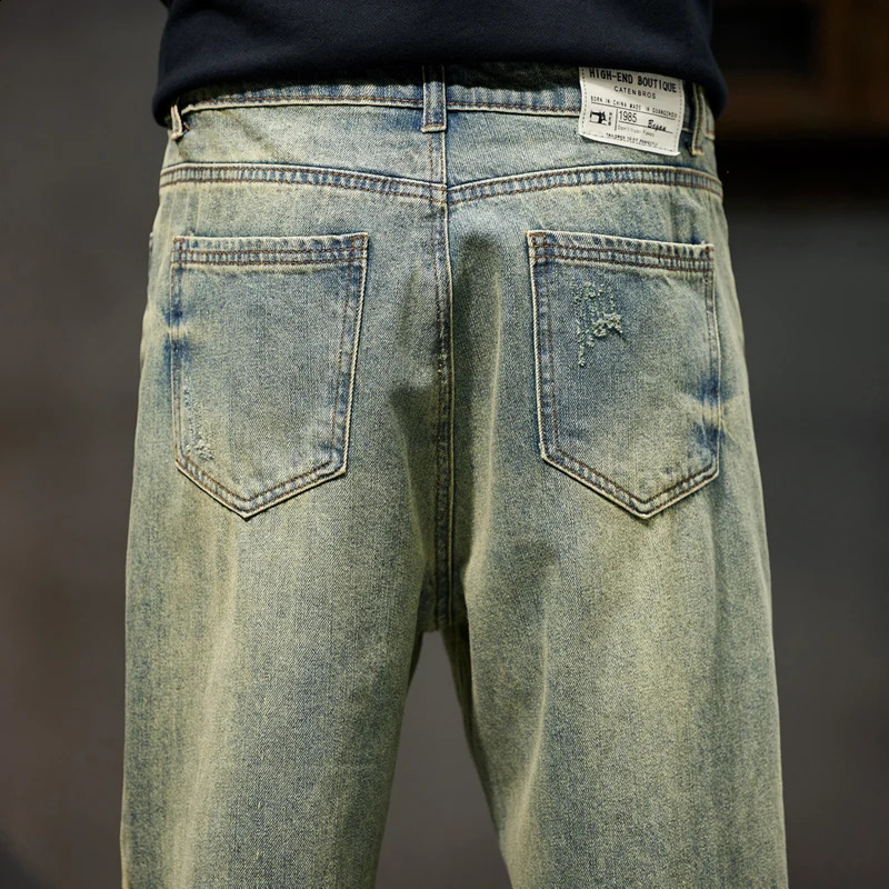 Ripped Jeans Men Loose Fit Retro Blue Baggy Jeans Distressed Hip Hop Denim Pants Streetwear Biker Moto Patchwork Frayed Jeans 240816