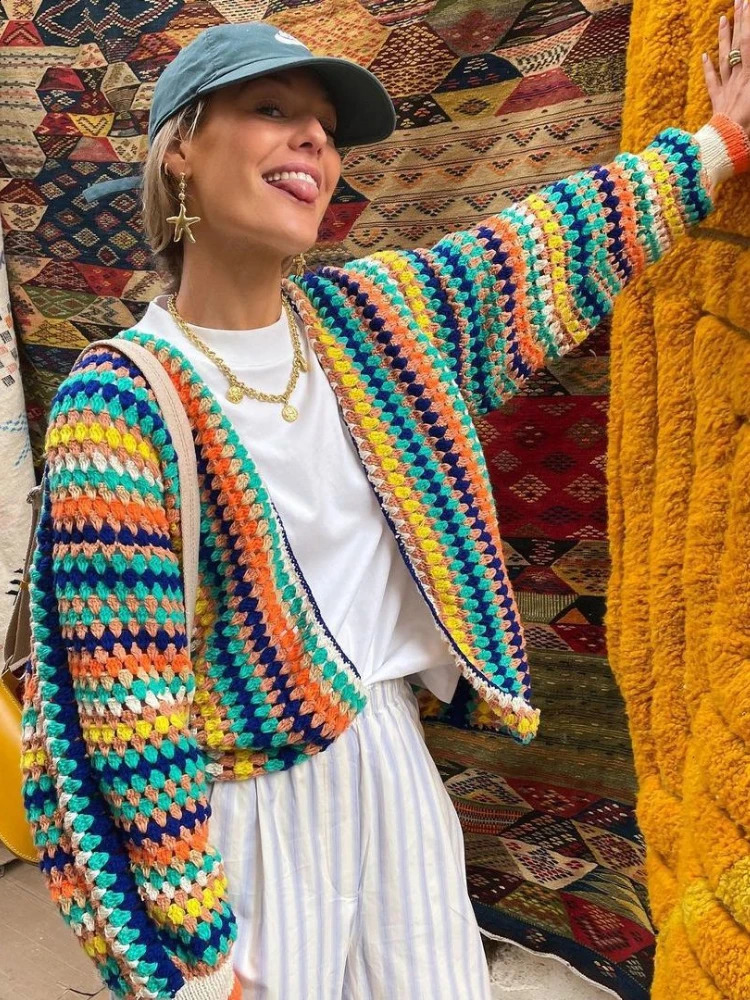 Vintage Colorful Striped Knitted Cardigan Women Sweater Long Sleeve Tops Streetwear Coats Harajuku Autumn Jackets Women Clothing 240813