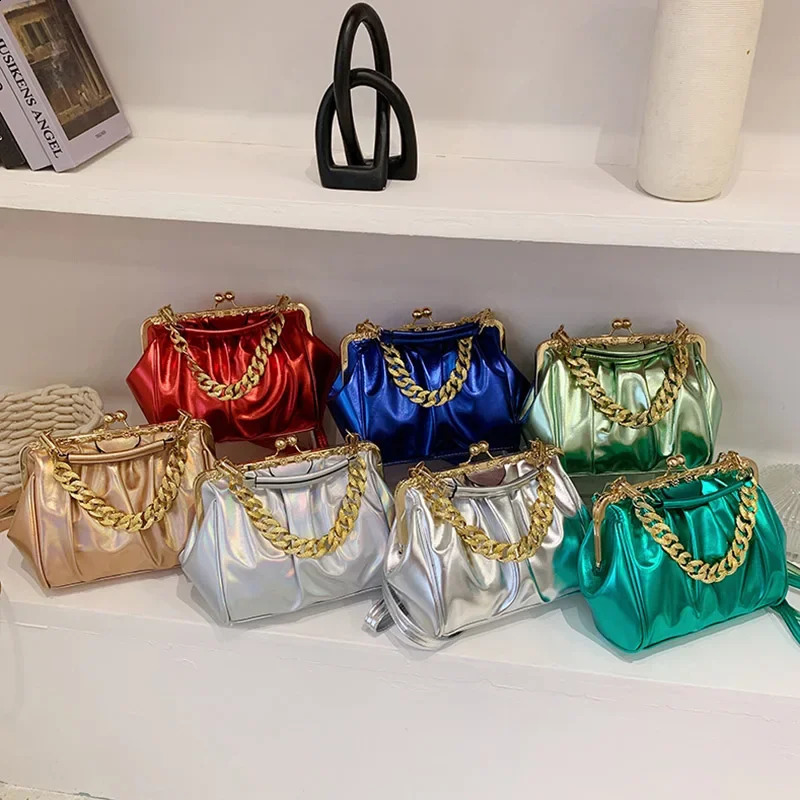 Womens Chain Shoulder Bag Kiss Lock Case Clip Womens Silver Blue Green Pu Leather Handbag and Wallet Friction Body Bag R250317