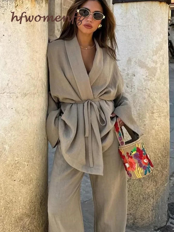 Womens casual lace up 2-piece lapel long sleeved shirt fashionable womens set 2024 spring loose brushed wide leg pants set 240819