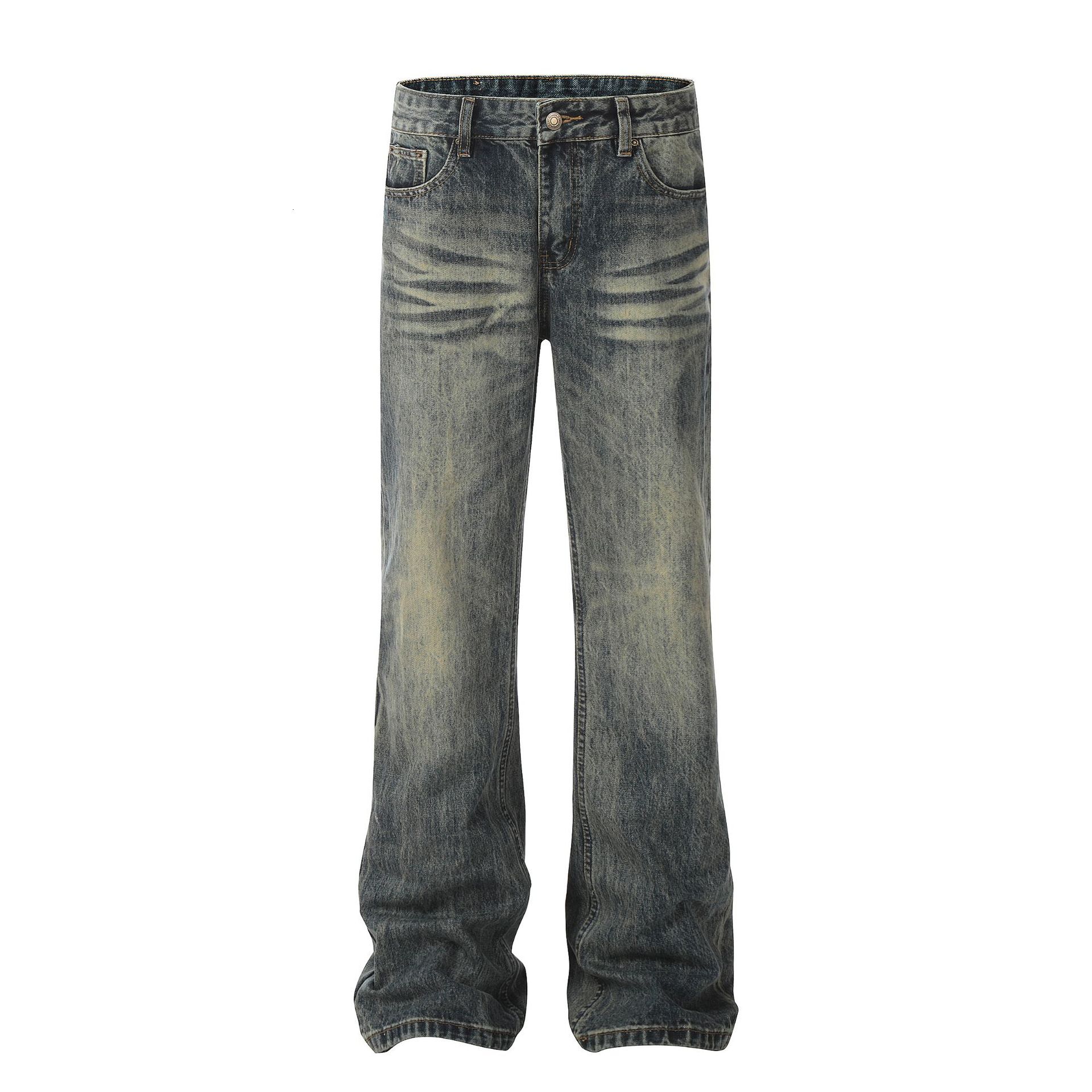 American Street Yellow Mud Washed and Worn Denim Jeans with a Slimming and Sagging Feel for Both Men and Women