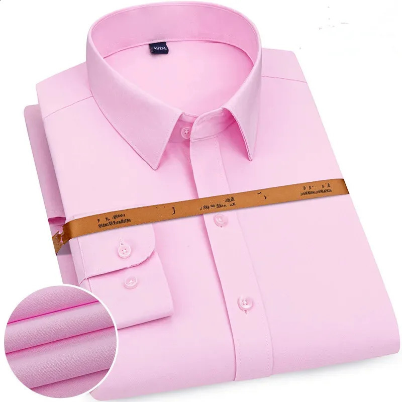 Mens Long-sleeved Shirt Spring Autumn Classic Slim-fit Business Work Solid Clothes Free Ironing Casual Social Blue White Pink 240818