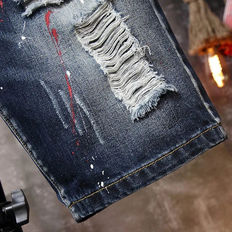 Summer Cotton Shorts Plus Size 28-40 Patchwork Denim Pants Streetwear Stacked Mens Ripped Short Graffiti Painted Jeans 240819
