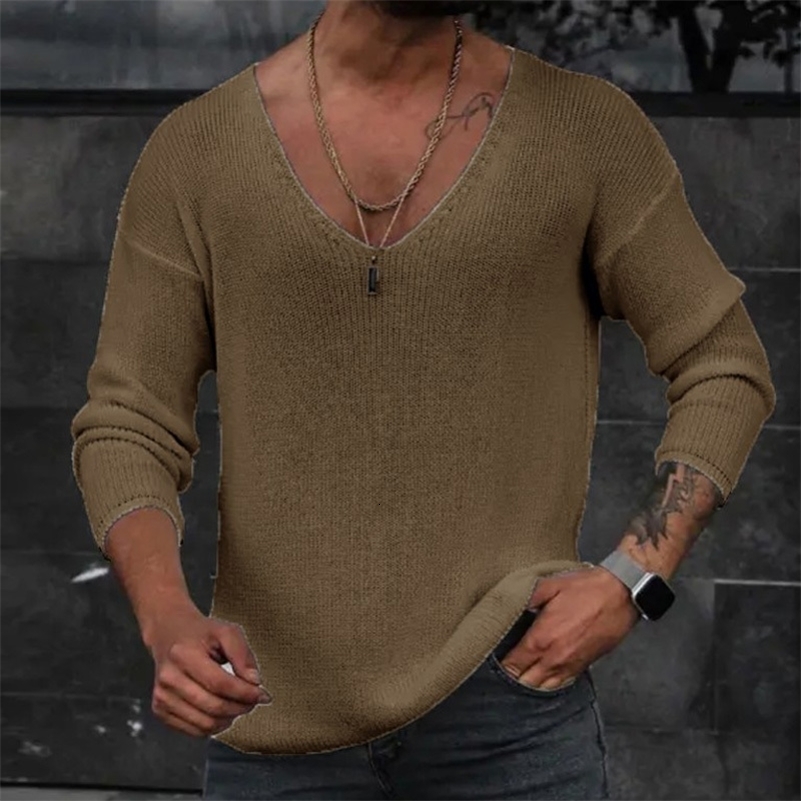 Men Spring V Neck Rib Bottoming T-shirts Pullover Autumn Long Sleeve Slim Fit Tees Tops Simple Casual Plain Thin Knit Shirt 240816