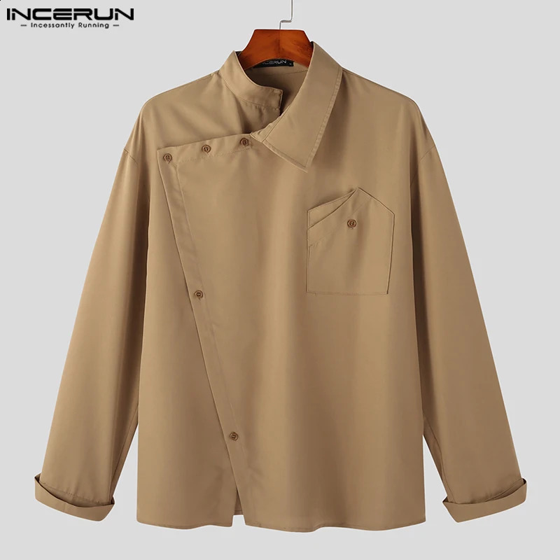 INCERUN Tops Korean Style Mens Diagonal Placket Solid Simple All-match Blouse Fashion Casual Long Sleeved Shirts S-5XL 240816