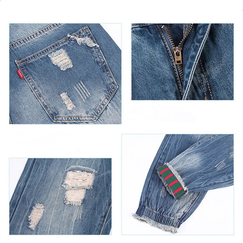 Mens ripped jeans black Distressed Plus size 44 48 denim big blue cotton jogging pants harem hiphop Trouser 240816