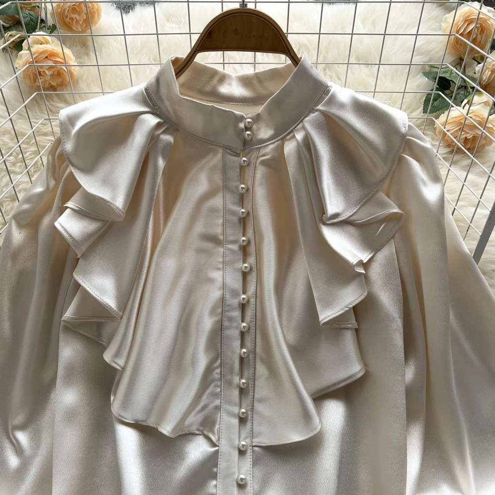 Elegant Retro Ruffle Shirt Puff Long Sleeve Korean Fashion Sweet Top Womens Unique Gothic Spring and Autumn 240819