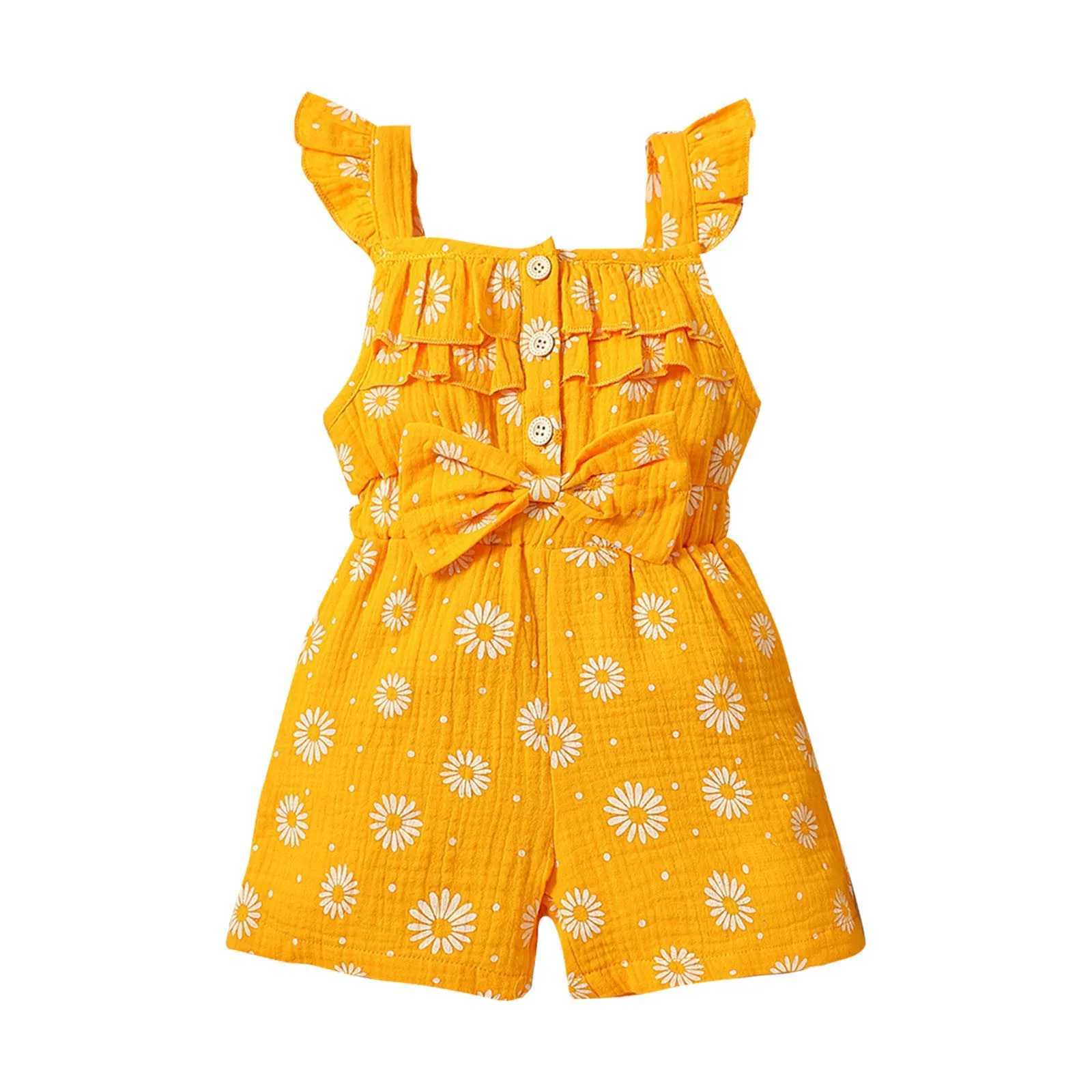 Sun Flower Small Flying Sleeve Yellow Bow Summer Jumpsuit Girls Sut Baby Summer Dress W240806