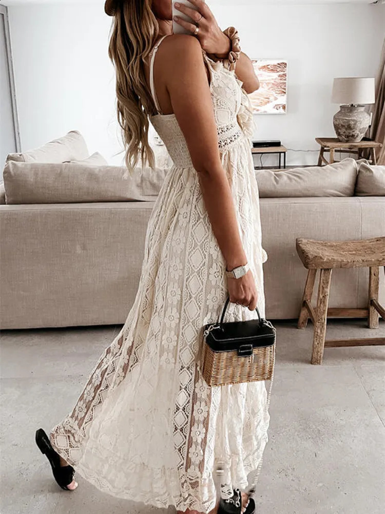 Women Lace Boho Style Long Dress Solid Color Deep V-neck Sleeveless Beachwear High Waist A-Line Summer Wild Sling Dress For Lady 240816