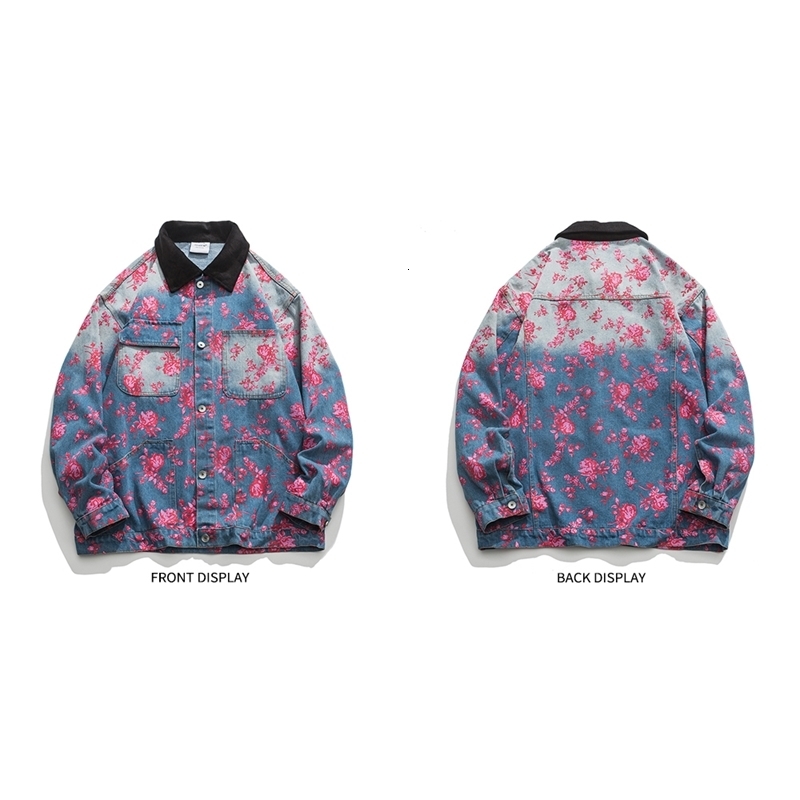Autumn Spring Flower Rose Print Denim Jean Jacket Unisex Men Baseball Bomber Unisex Women Varsity Coat High Street Cotton Chic 240816