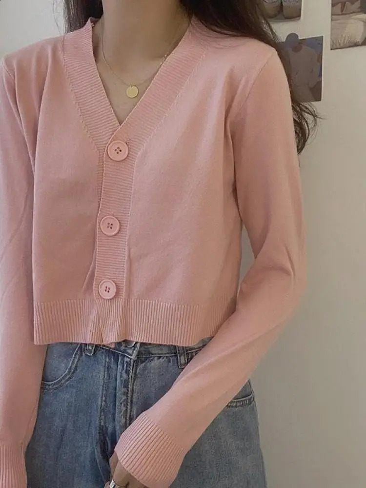 Button Pullover Long Sleeve Sweater Women Short Top Ladies Autumn Winter Clothes Slim Streetwear Solid Knitted Cardigan 240819