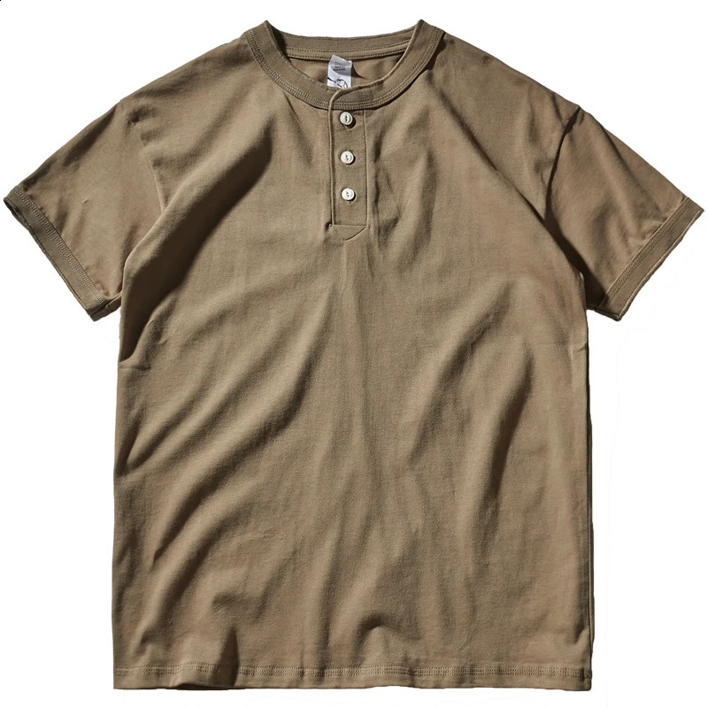 Summer American Retro Tough Guy Henry Collar T-shirt Mens Fashion Simple 100% Cotton Washed Short Sleeve Casual Sport Tops 240816