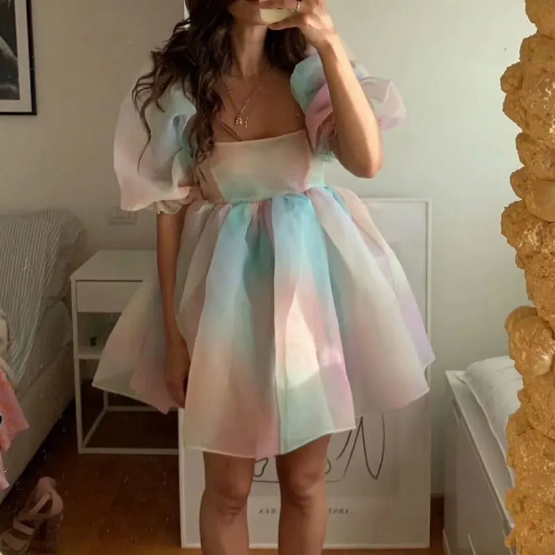 Women Puff Sleeve Tulle Tutu Princess Dress Square Collar Mesh Ruffle Bubble Skirt Wedding Evening Party Prom Mini Fairy Dress 240816