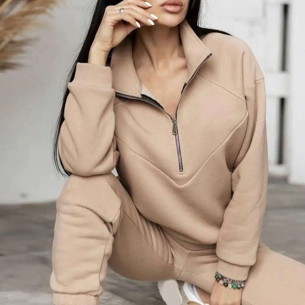 2 Pcs/Set Tracksuit Women Sweatshirt Pants Set Loose Long Sleeve Solid Color Warm Elastic Waist Tracksuit ensemble jogging femme 240809