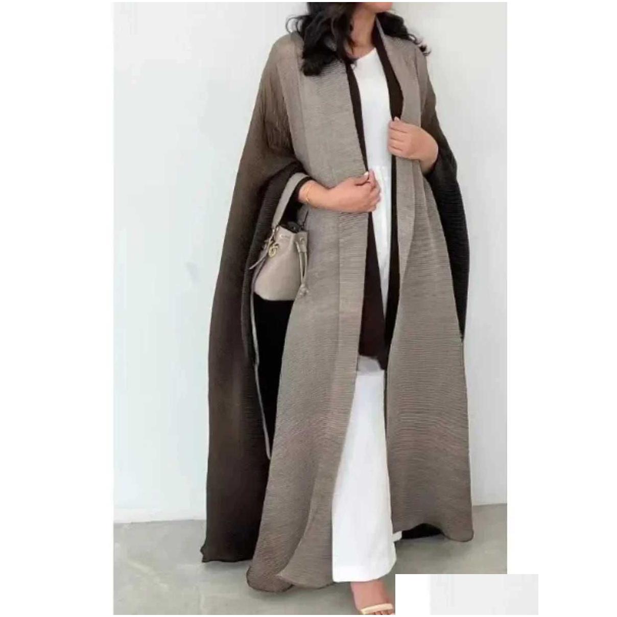 Ethnic Clothing Muslim Abaya For Women Bat Se Pleated Gradient Cardigan Trench Coat 2023 Autumn Dubai Abayas Plus Size Womens D Otxbc