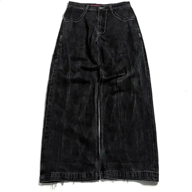 Retro skull pattern embroidered loose jeans 2024 JNCO jeans Y2K Harajuku black pants mens and womens Gothic high waisted pants 240819
