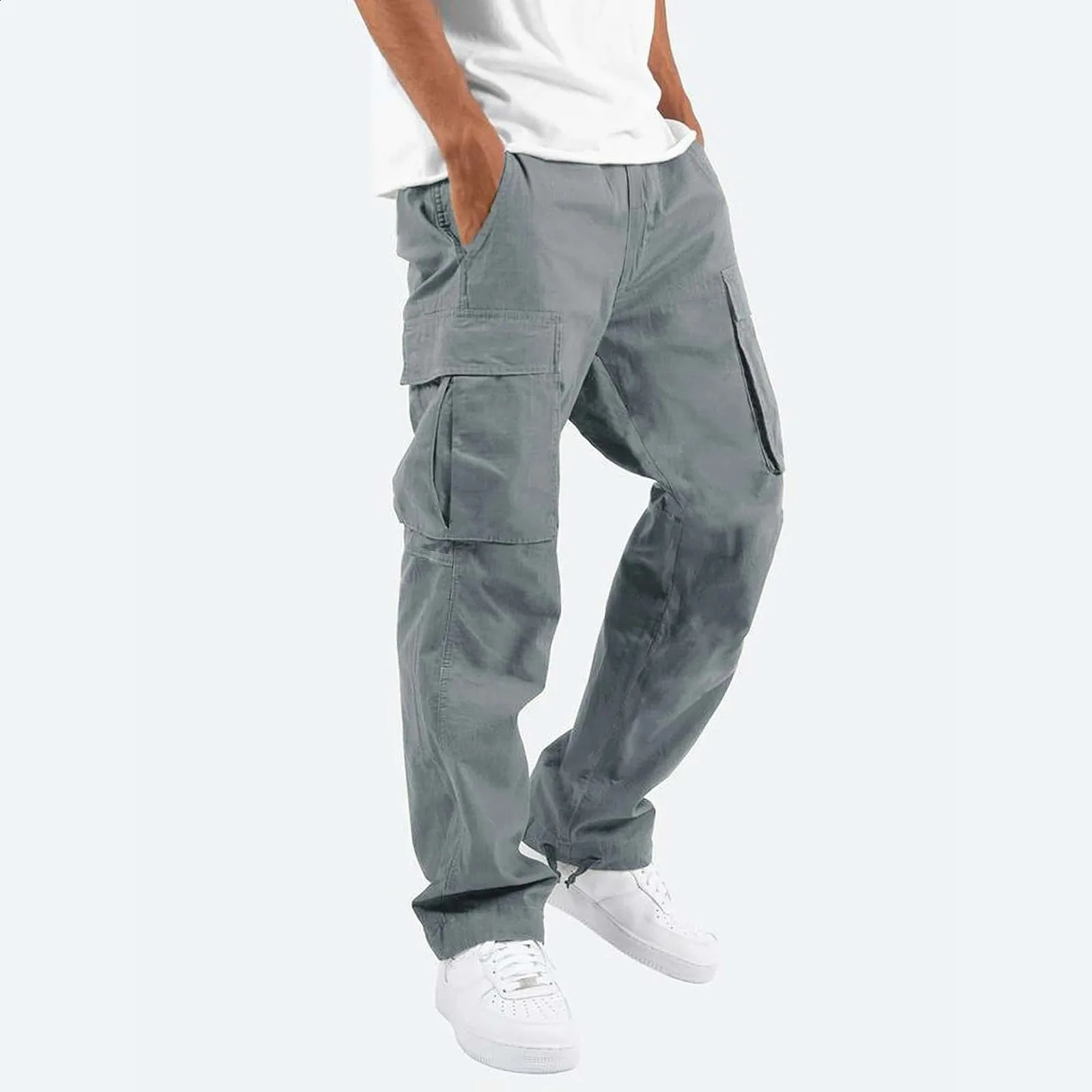 Mens Trousers Casual Slim Fit Cargo Pants Solid Color Pocket Straight Leg Work Long Bottom For Men Baggy Pantalones 240819
