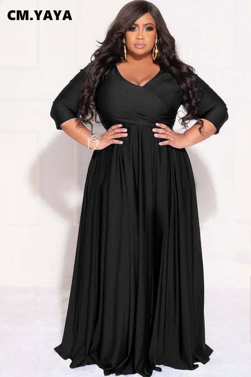 CM.YAYA Plus Size Women Evening Dresses Classic Curve Wrap V-neck Big Swing Maxi Vestidos De Verano Mujer Party long Dress 240819