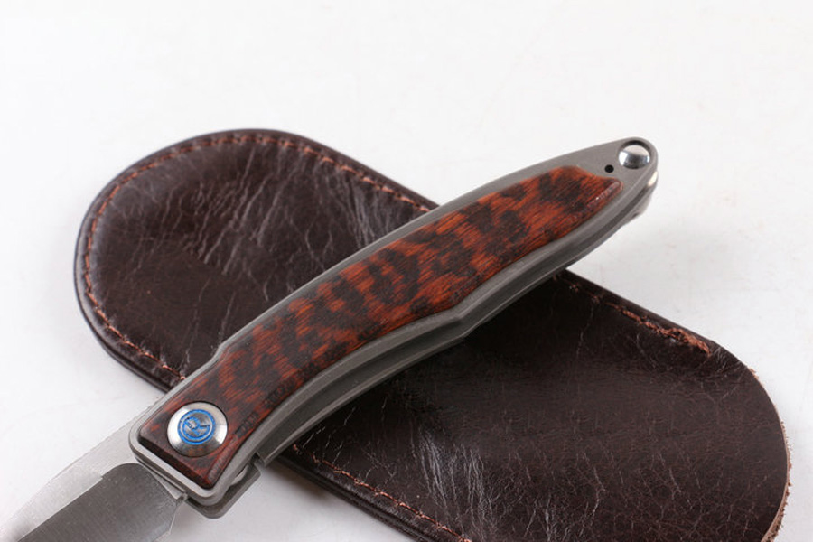 High End Real M390 Steel EDC Pocket Folding Knife Hand made Satin Blade TC4 Titanium Alloy Snakewood Handle with Leather Sheath