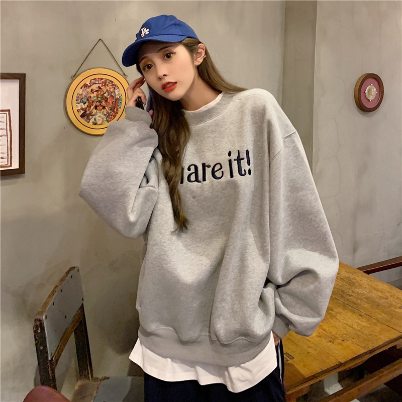 2024 autumn and winter new Korean version letter embroidery fake two-piece thick velvet long sleeved sweatshirt women's pullover style top dc2b3