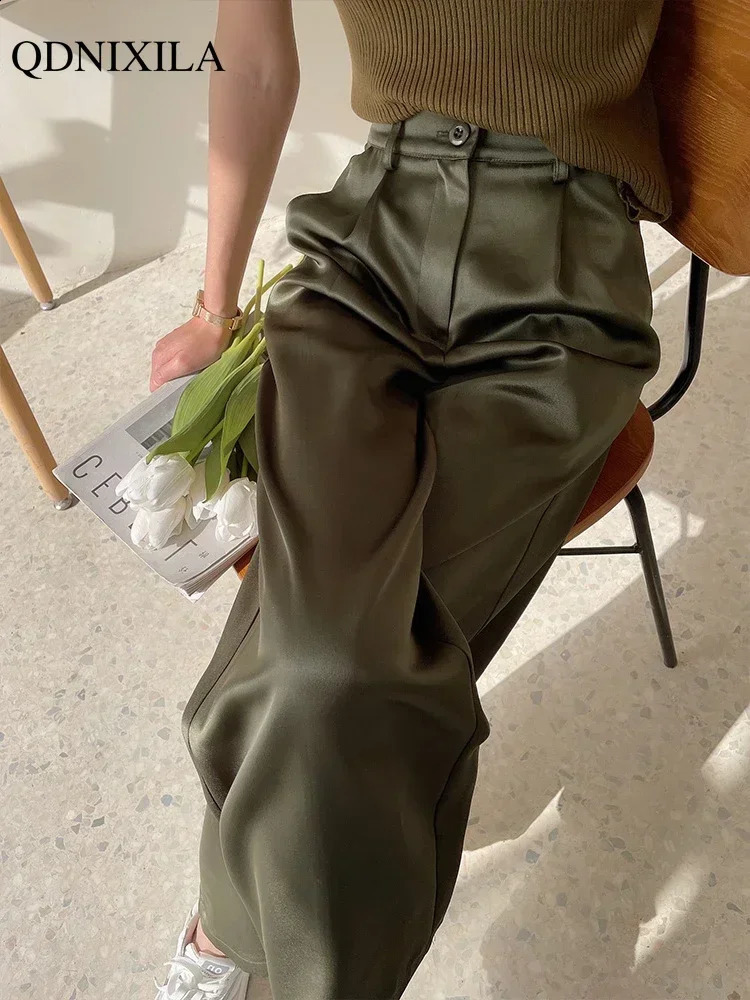 SpringSummer Silk Satin Womens Pants Wide Legs High Waist Casual Black Korean Fashion Set 240819