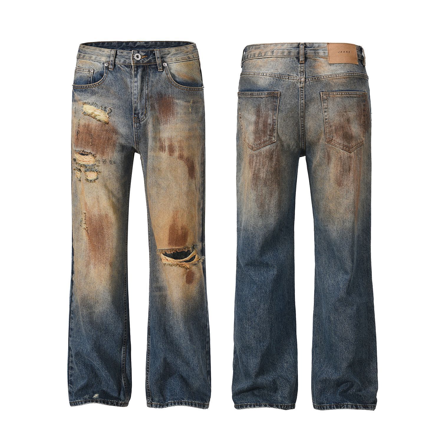 Style Street High Street Heavy Industry Yellow Mud Dyed Hole Distressed Jeans for Both Men and Women