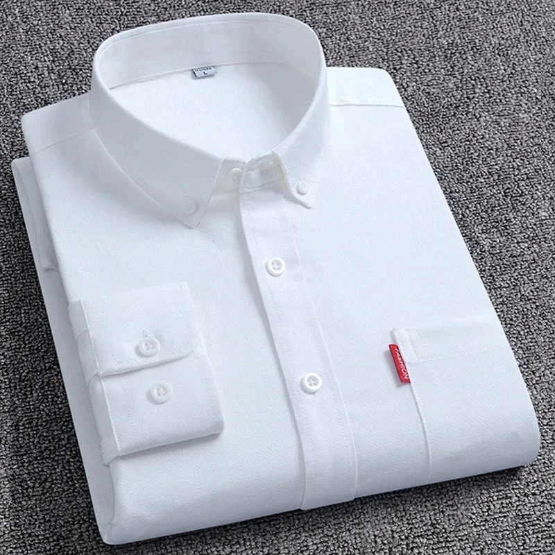 5XL Mens Oxford Long Sleeve Shirts 100% Cotton Solid Color Turn Down Collar Regular Fit Daily Men Clothing Button-down Shirts 240818