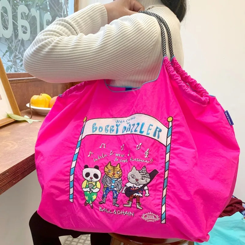 Cat Embroidery Eco Bag er Bags for Women Shoulder Bag Ball Tiger Shopper Tote Rope Handle Handbags and Purses Animal Hobo 240819