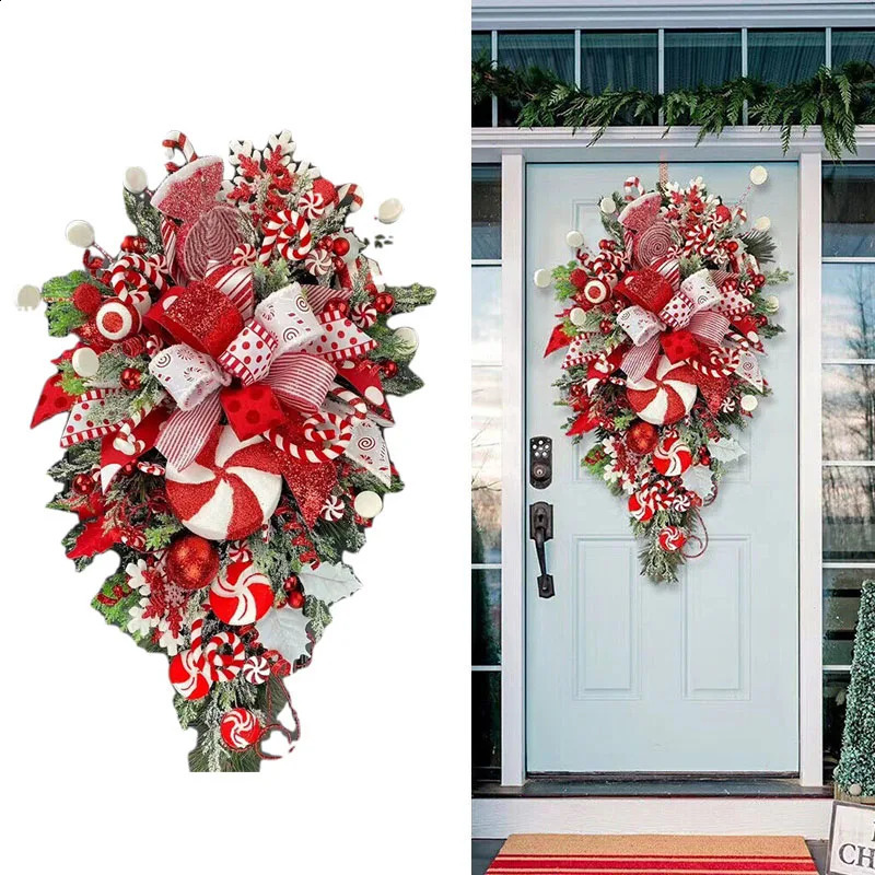 1 PCS Christmas Wreath Candy Upside Down Tree Garland Artificial Xmas Ornament Hpme Porch Window Door Wall Hanging Decoration 240925