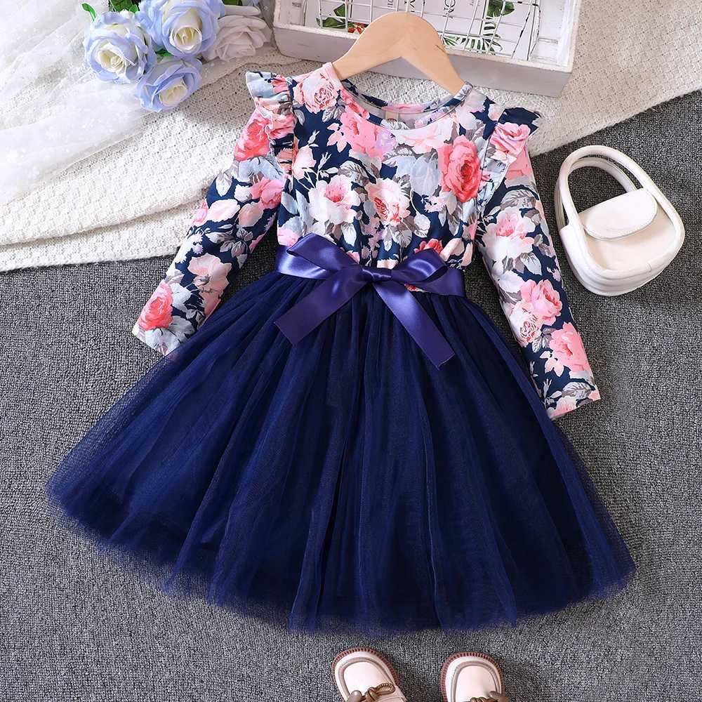 New Girls Spring and Autumn Flying Sleeves Long Sleeve Printed Mesh Dress for Primary and Secondary School ChildrenXJ241206