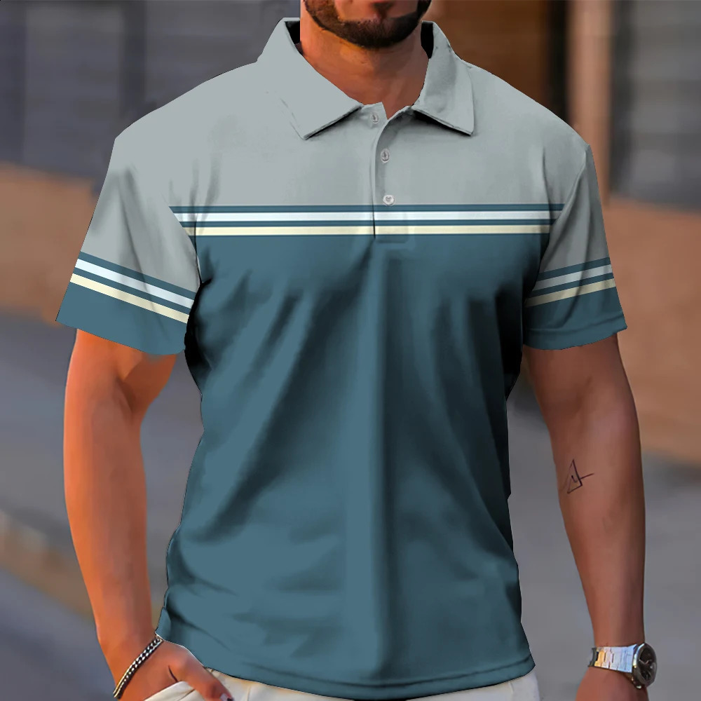 Business Casual Golf Mens Polo Shirts Summer Fashion Short-Sleeve T Shirt Gradient Line Printing Tops Daily Oversized Poloshirt 240816