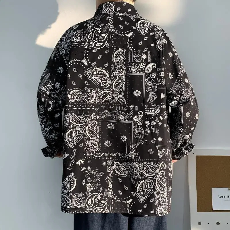 Trendy Spring Autumn Vintage Jacket Waist Full Print Loose Fit Long Sleeve Shirt For Men High Street West Style 240816