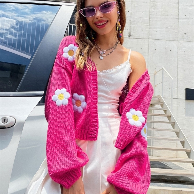 Autumn Knitted Cardigan Flower Embroidery Women Sweater Flower Sweater Cardigan Lantern Fashion Jumper Coats Outerwear 240819