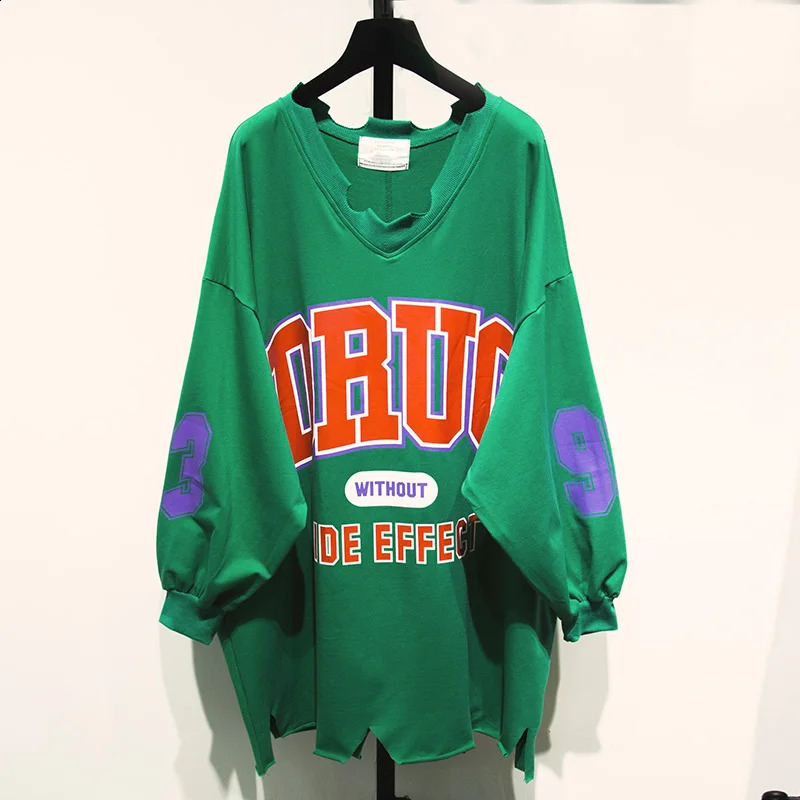 Tear loose sweatshirt for women in spring summer and autumn medium length Vneck printed with letters student shirt lazy hoodie 240814