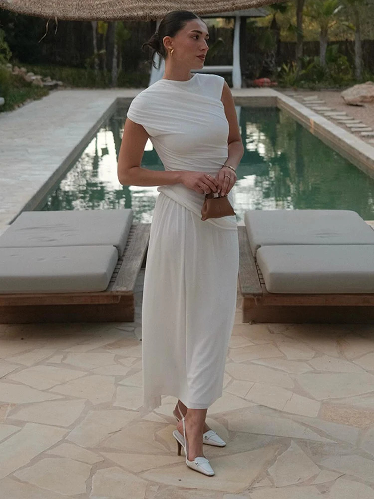 Women Elegant White Short Sleeve Bodycon Dress Fashion O Neck Spliced Pleated Long Dresses Summer Chic Office Lady Solid Vestido 240816